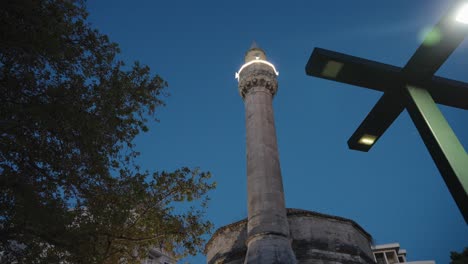 night shot at the foot of the great mosque of durres with blue hour sky in durres, albania, wide shot