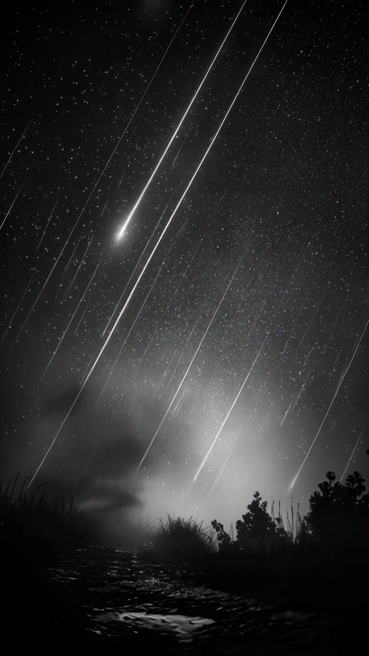Stjerneklar nattehimmel med en dramatisk svart-hvitt meteorsverm