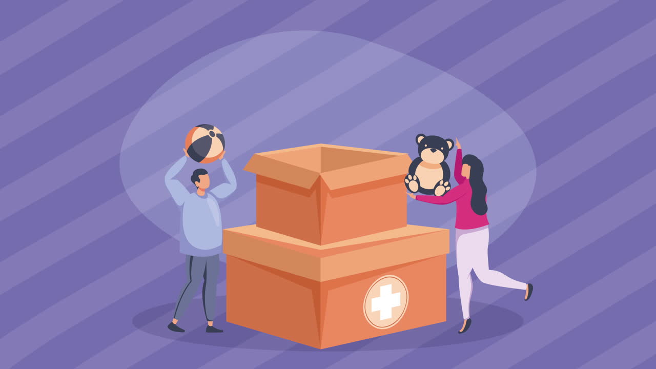 자원봉사자 커플과 기부품 장난감 애니메이션