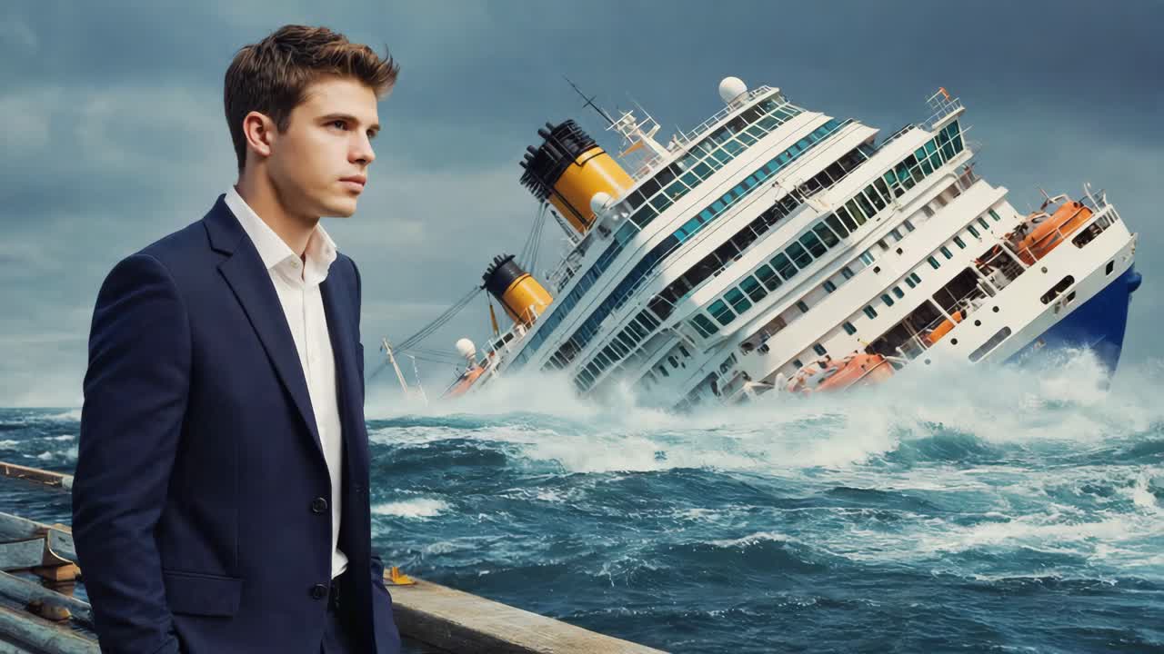 A man watches a cruise ship sinking in the ocean