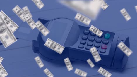 animation of american dollar banknotes falling over payment terminal