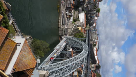 vertical shot of dom luis i bridge over douro river and porto cityscape in portugal at daytime