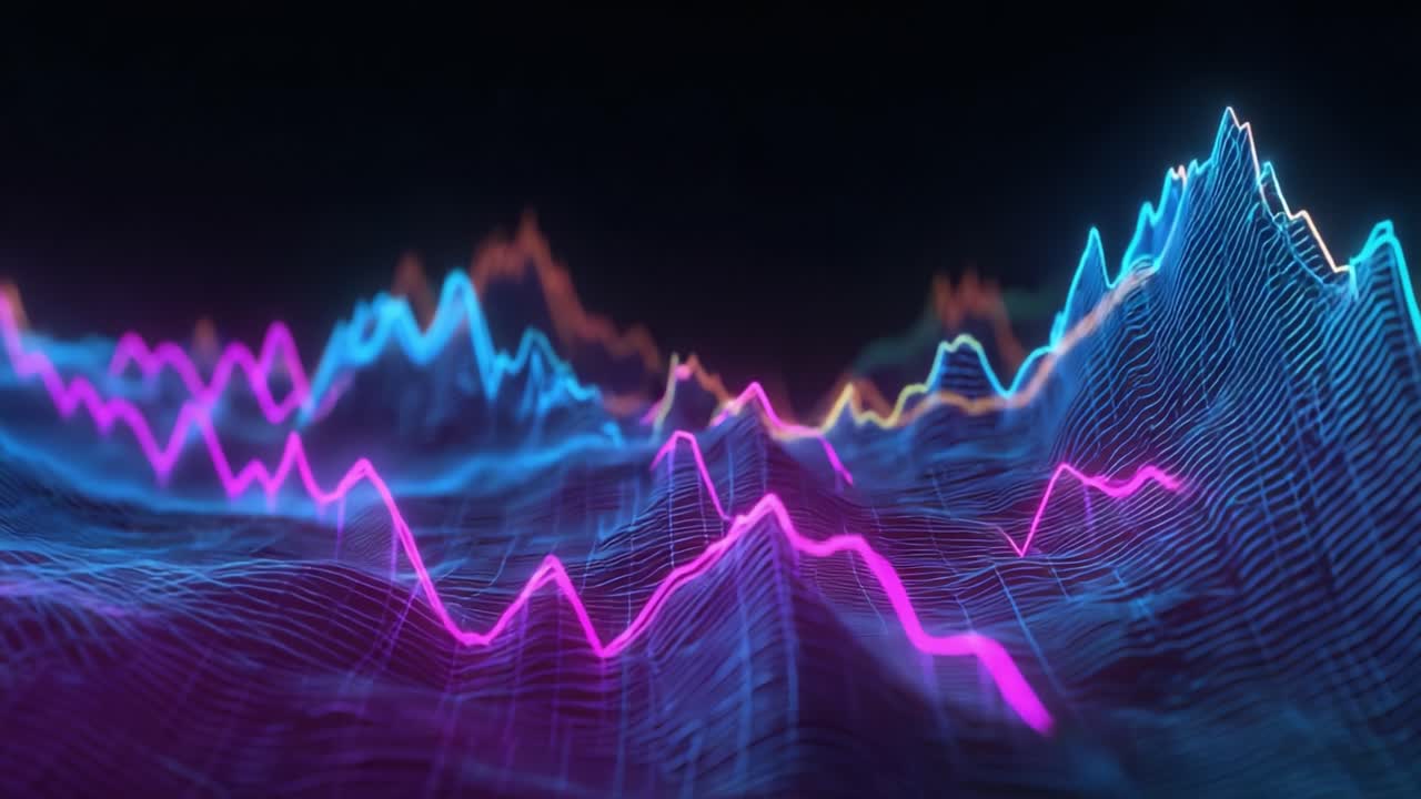 Vibrant Waveforms Illustrating Dynamic Data Trends in Neon Colors - A Captivating Visual Journey Through the Fluctuating Peaks and Valleys of Digital Analytics and Information Flow