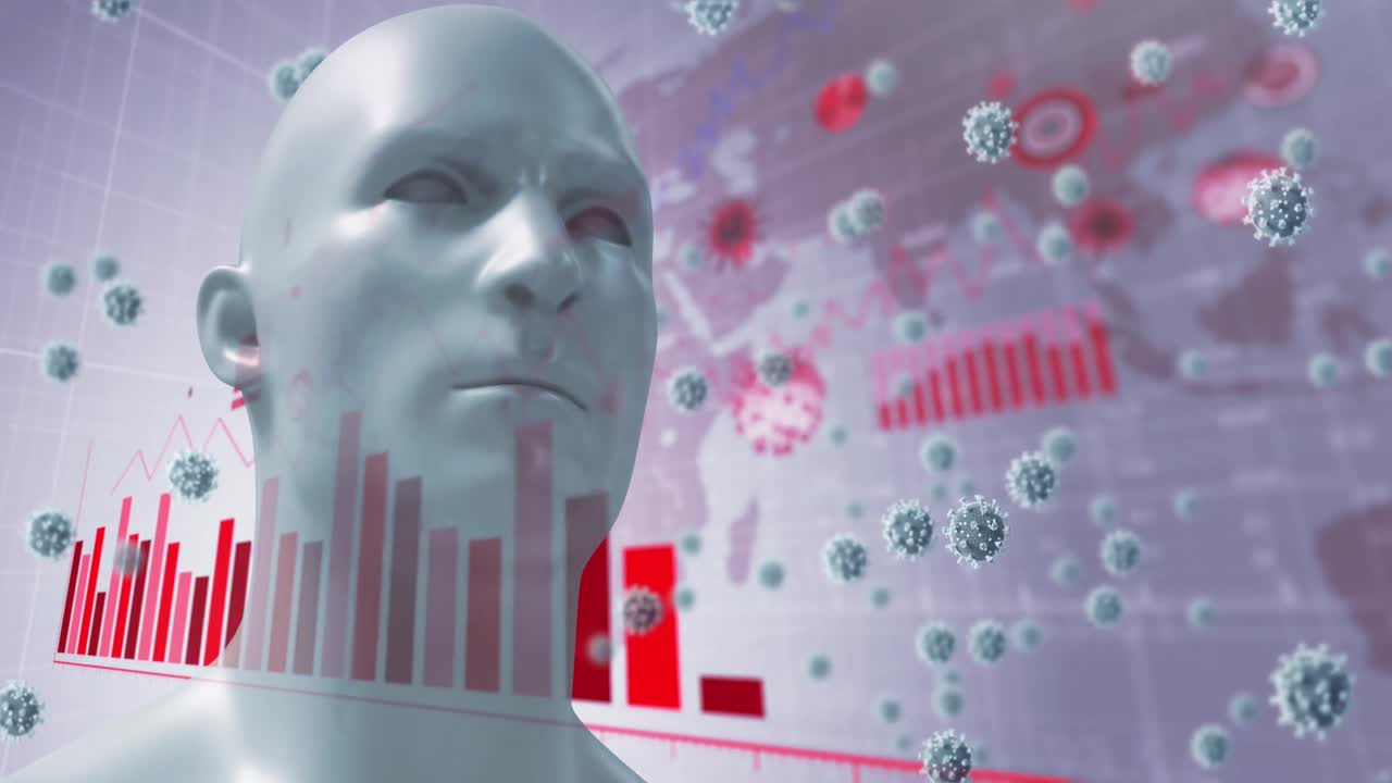 그리고 코로나바이러스 박테리아가 인간의 머리 위를 날아다니는 그래프입니다.