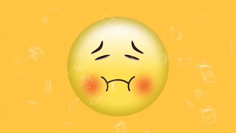 animation of white christmas icons falling over sad, embarrassed emoji on yellow background