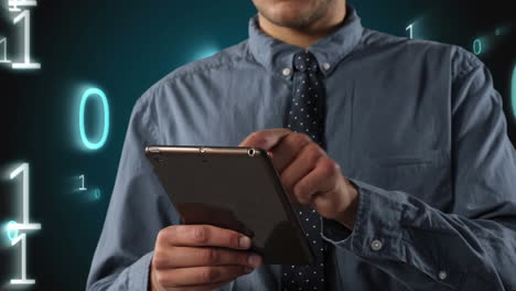 animation of a mid section of biracial man wearing blue shirt and tie and using digital tablet wit