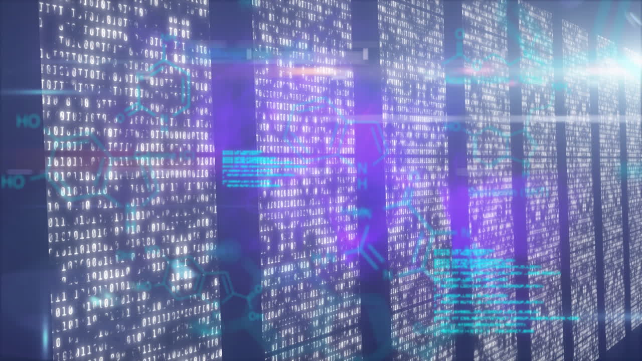 Animation showing glowing binary code streams moving with abstract patterns