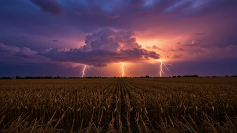 dramatic thunderstorm over golden fields: a captivating display of nature's power and beauty with striking lightning strikes illuminating the dusk sky