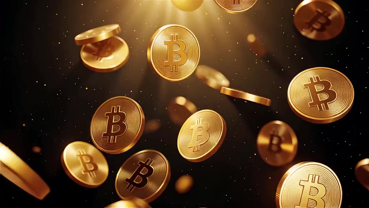 Bitcoin girando em fundo preto dramático 4K