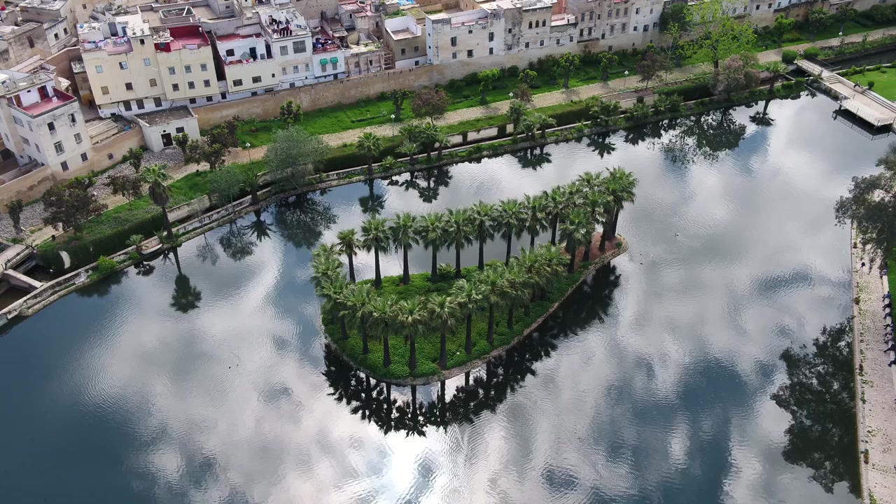 Vista aerea dall'alto con drone di un'isola di palme riflessa in acqua calma a Sahrij Swani a Fez, Marocco, ideale per progetti di documentari di viaggio