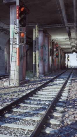 abandoned train tracks under a bridge