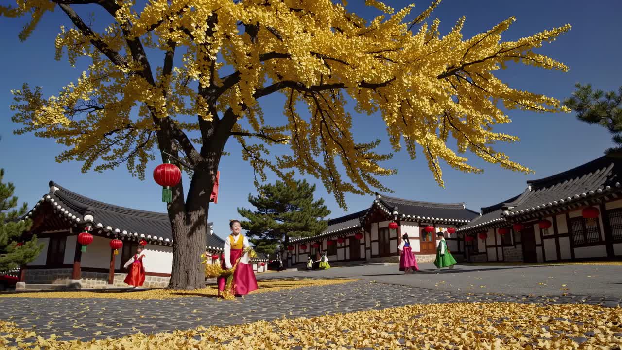 A vibrant video captures women in traditional attire under a golden tree