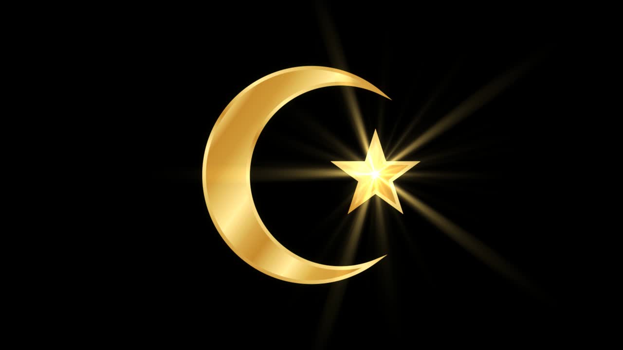 luna creciente y estrella animación de partículas de símbolo religioso, animación de polvo de partículas mágicas de luna creciente religiosa y signo de estrella con rayos.
