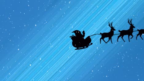 animation of santa claus in sleigh with reindeer and snow falling on blue background