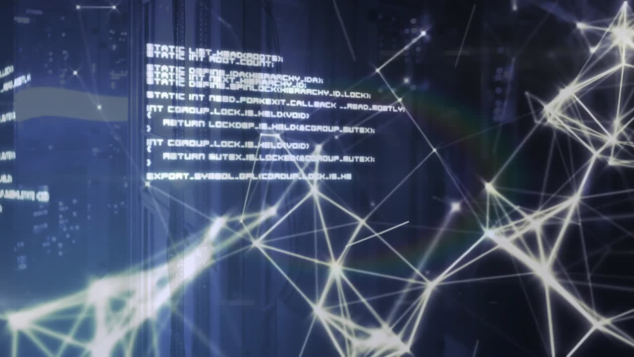 Digital code and network connections animation over dark blue background