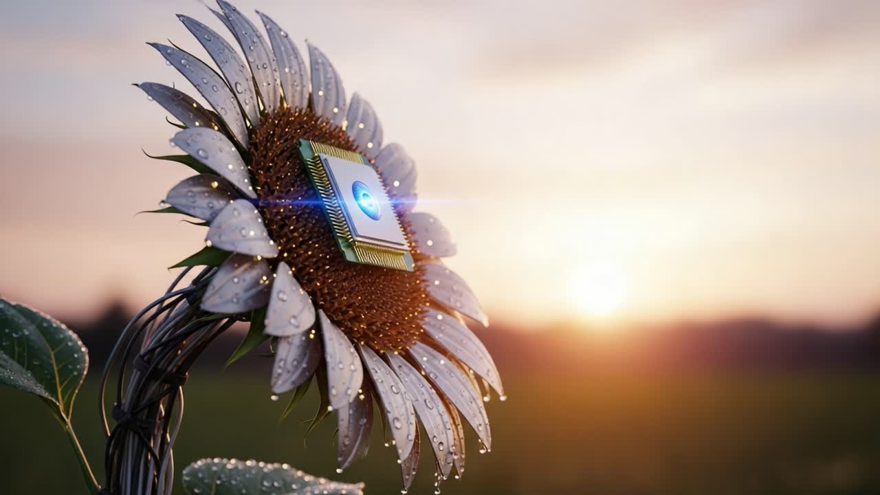 A Unique Fusion of Nature and Technology: A Sunflower with a Microchip Symbolizing the Intersection of Organic Life and Digital Innovation