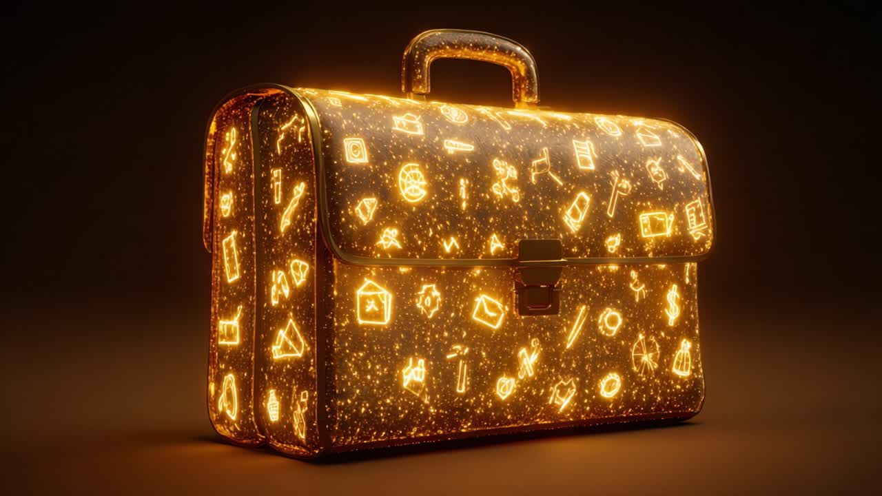 Golden briefcase slowly rotating on a dark background, covered with glowing and sparkling business, finance, and social media icons representing a complete and valuable professional toolkit