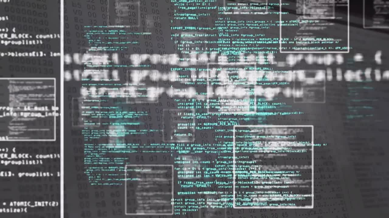 Animation of squares over computer language and multicolored smoke against changing numbers