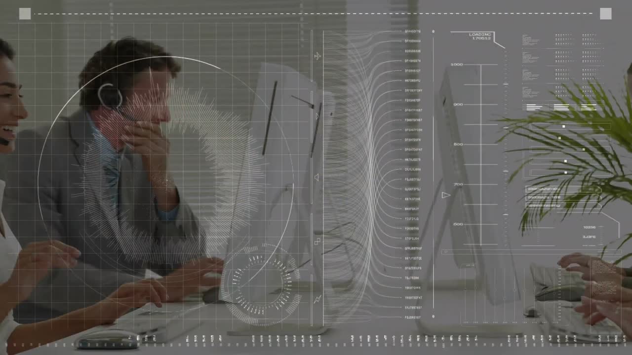 사무실에서 일하는 사업가들에 대한 금융 데이터 처리 활성화