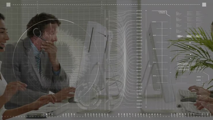 Animation of financial data processing over business people working in office