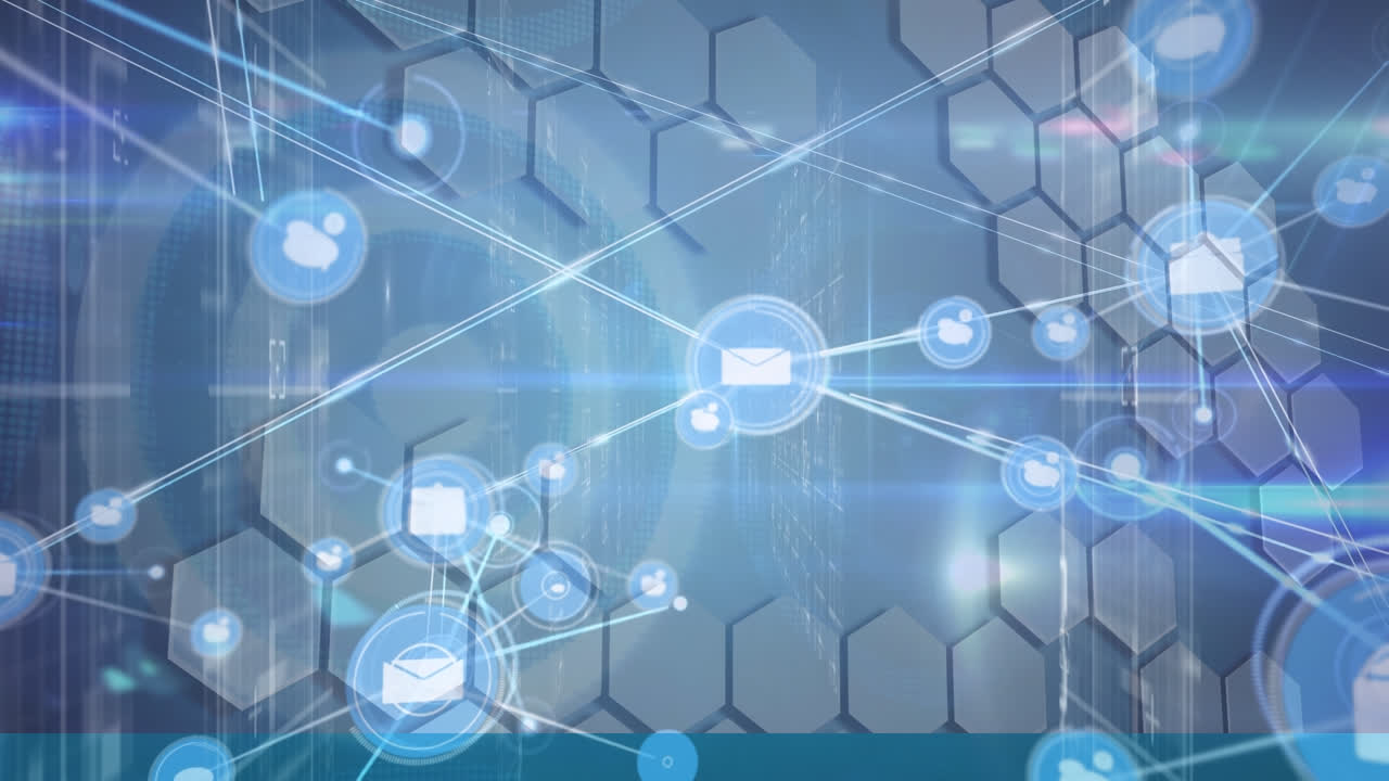 모양 위에 아이콘으로 연결된 네트워크의 애니메이션