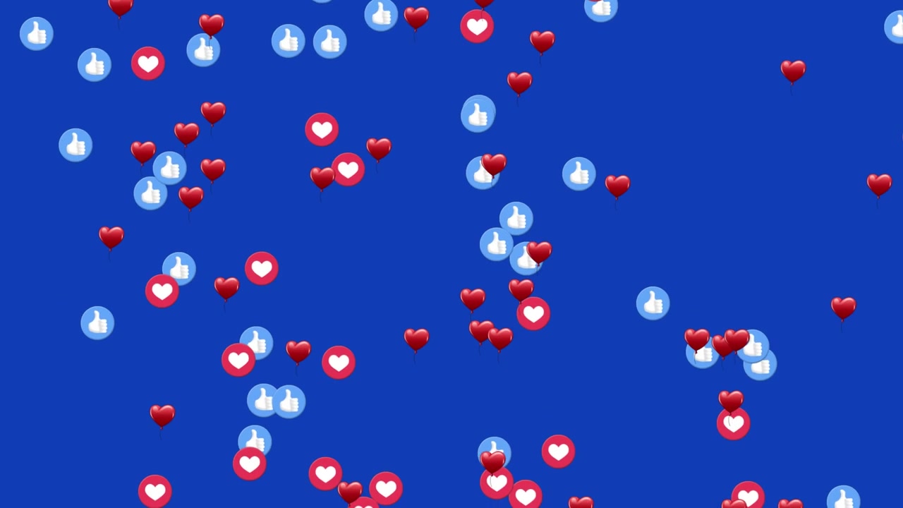 Animation of floating heart shapes and like icons against blue background