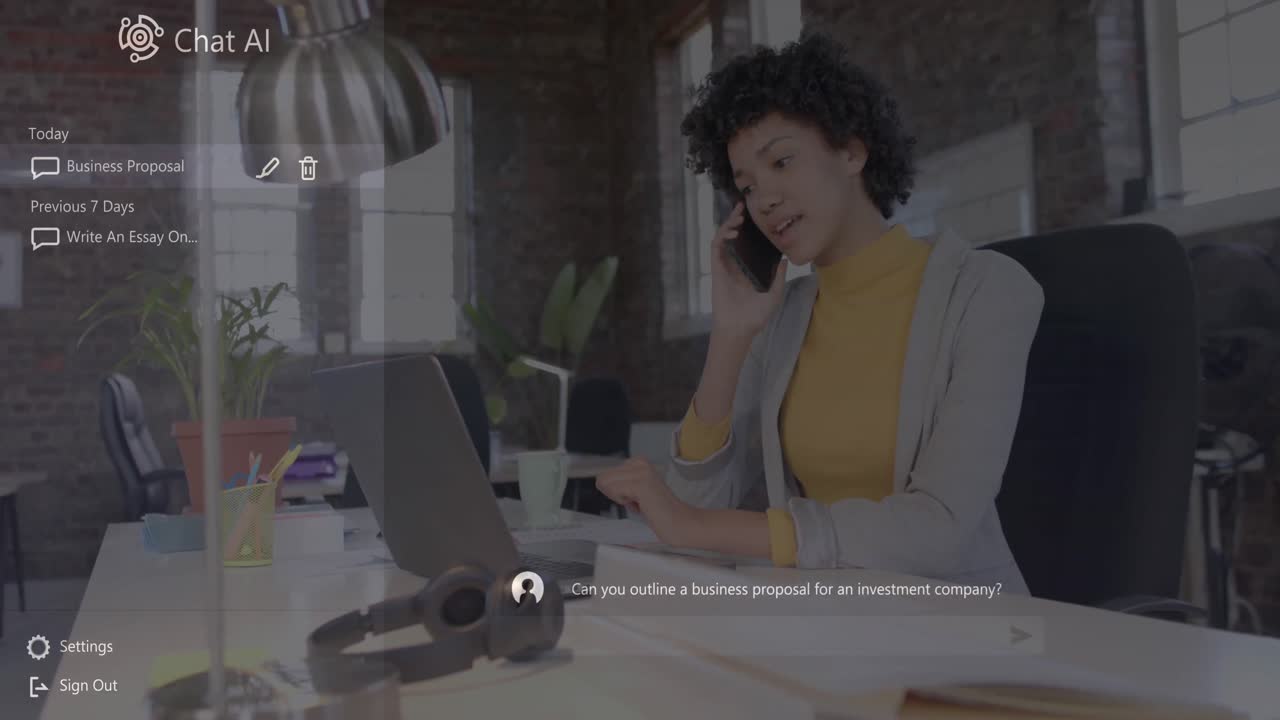 chat logotipo y texto sobre mujer de negocios casual biracial hablando en teléfono inteligente usando portátil