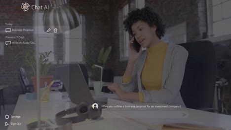 Chat-Ai-Logo-Und-Text-über-Einer-Birazialen,-Zufälligen-Geschäftsfrau,-Die-Mit-Einem-Laptop-Auf-Dem-Smartphone-Spricht