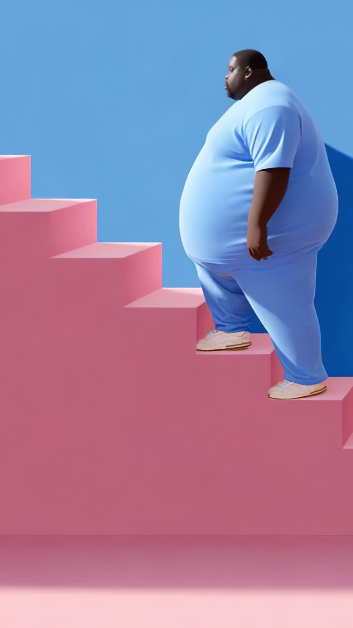 A person in a blue outfit is descending pink stairs against a striking blue background, showcasing a moment of movement and color contrast in a modern setting