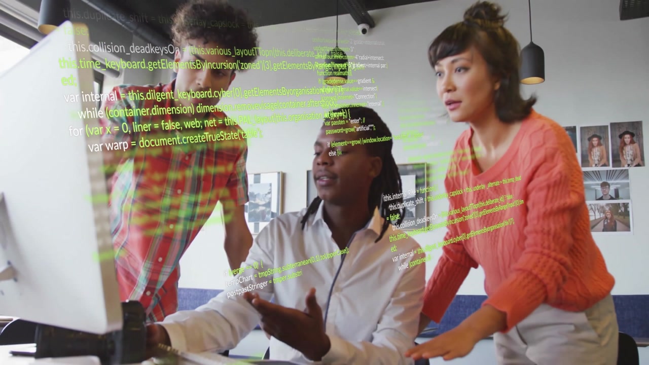 Superimposed code initiating creative team adjusting DSLR dials, pointing at code for design review