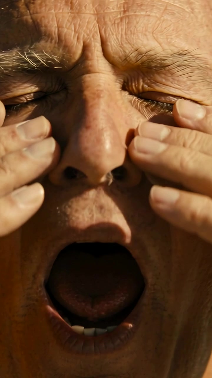 Video vertical: Hombre mayor cerrando los ojos y colocándose parches debajo de los ojos con las manos bajo el sol, con la boca abierta.