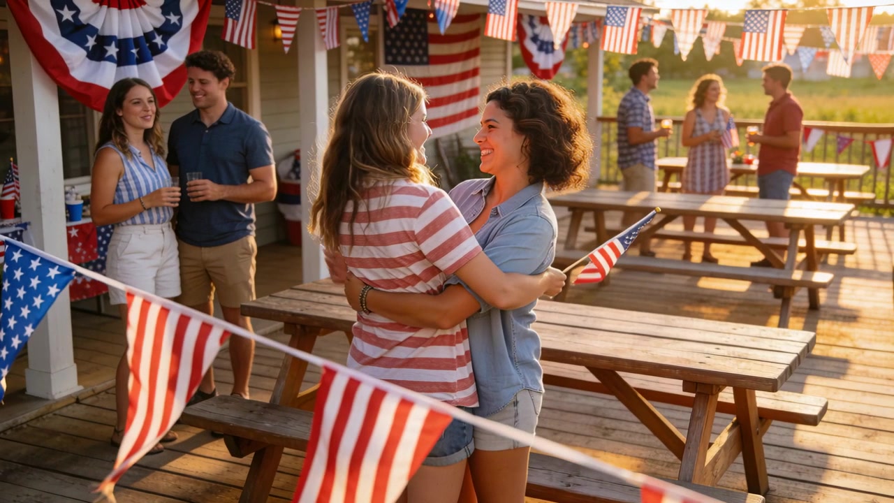 Zwei erwachsene Frauen umarmen sich zur Begrüßung, halten sich fest auf der Veranda, schwenken kleine amerikanische Flagge.