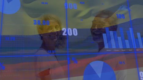 animation of financial data processing over flag of columbia and diverse couple