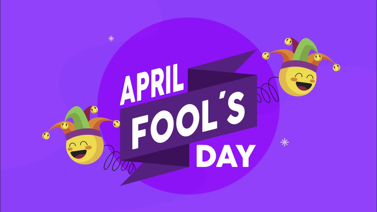 april fools day lettering with joker emojis and ribbon