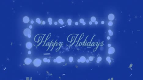 Animation-of-confetti-falling-over-happy-holidays-text-on-fairy-lights-banner-on-blue-background