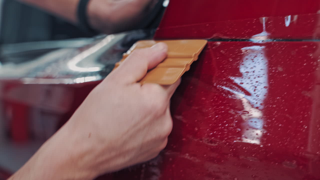 Schutzfolienmontage. Nahaufnahme der Schutzfolienanbringung an einem modernen Luxusauto.