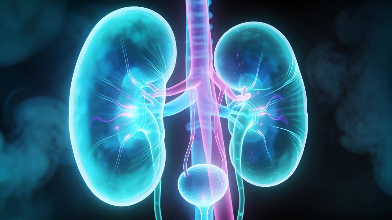 Rotating camera revealing kidneys and ureters in 3D medical render, highlighting vascular column