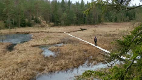 Frauen-Wandern-Im-Winter-über-Eine-Fußgängerbrücke-Im-Skandinavischen-Wald