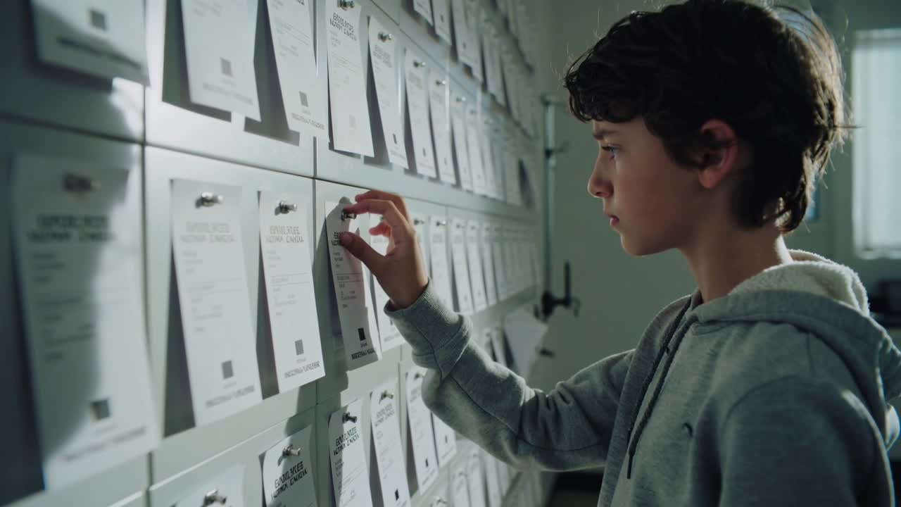 Male student scanning school notice wall, spotting paper slip, pinching, lifting it to read details