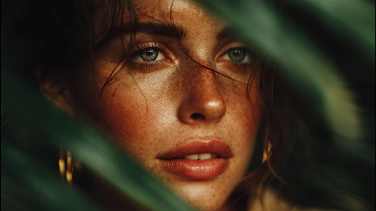 A Captivating Portrait of a Woman with Freckles and Lush Greenery, Highlighting Natural Beauty and Expressive Features Captured in Stunning Detail