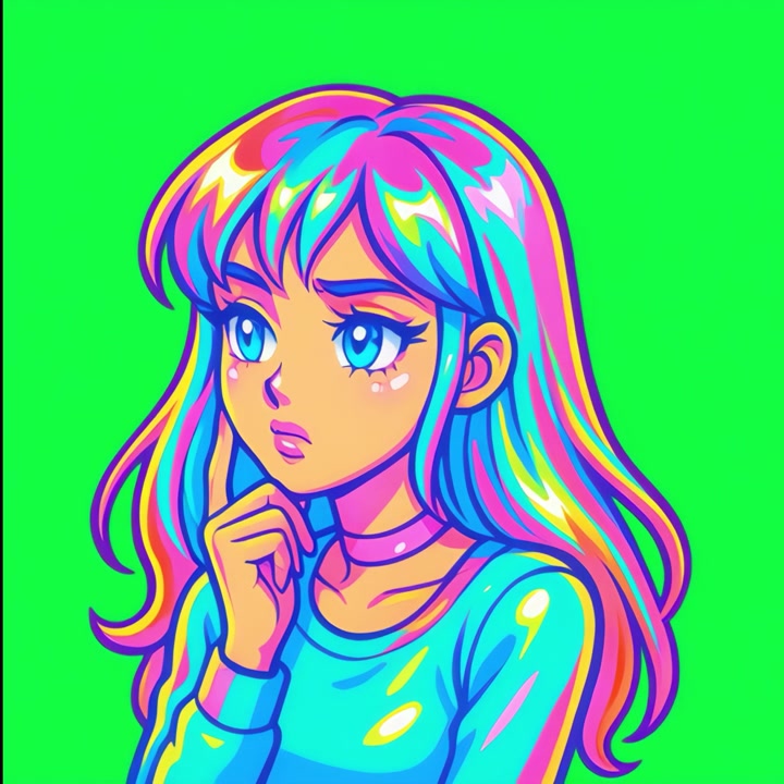 Chica anime animada con cabello colorido pensando en pantalla verde