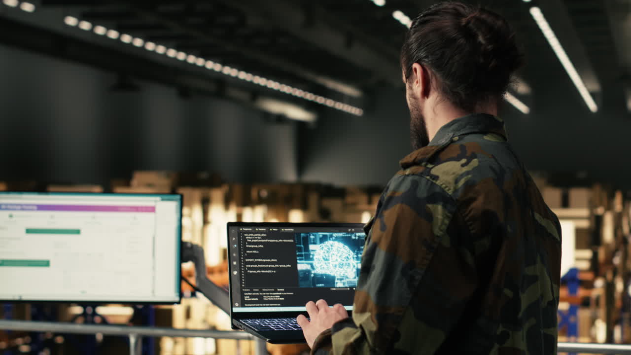 Logistikmedarbejdere, der bruger computere på et moderne lager.