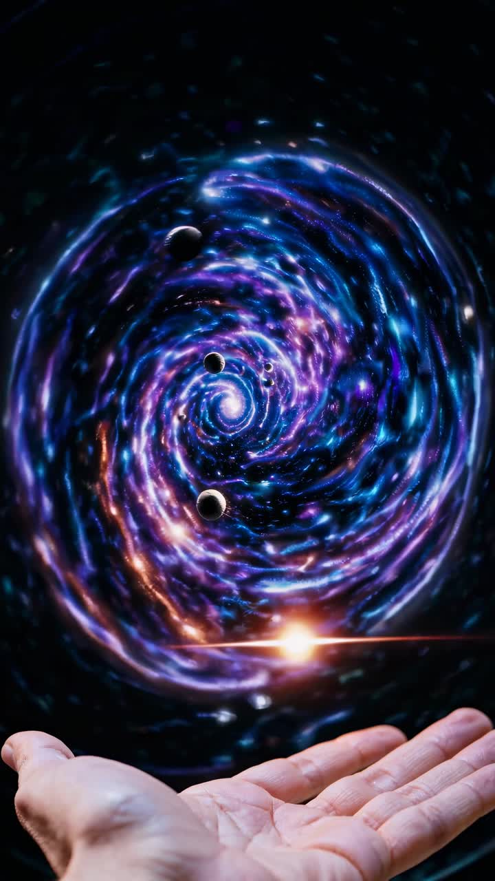 A mesmerizing cosmic scene with swirling galaxies above an open hand, captured from a low angle