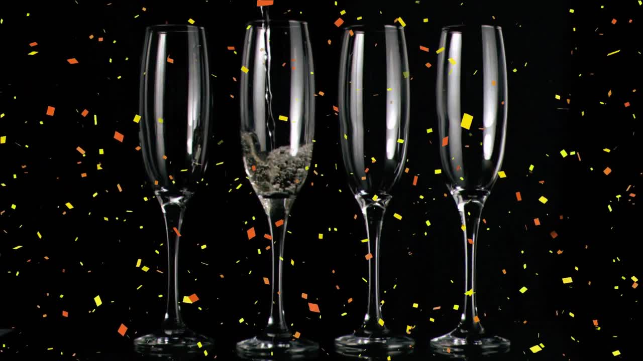 animación de copas de champán y champán vertiendo, con confeti cayendo sobre un fondo negro
