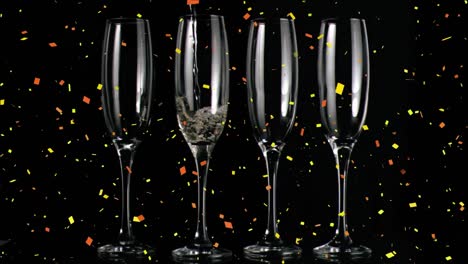 Animation-of-champagne-glasses-and-champagne-pouring,-with-confetti-falling-on-black-background