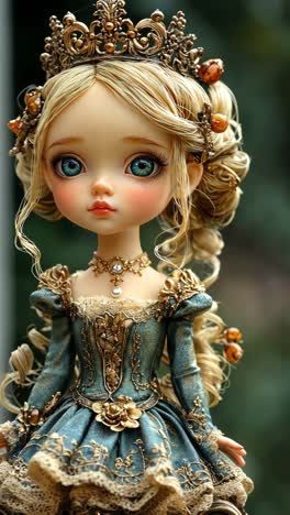 delicate doll dressed in regal attire with intricate details outdoors