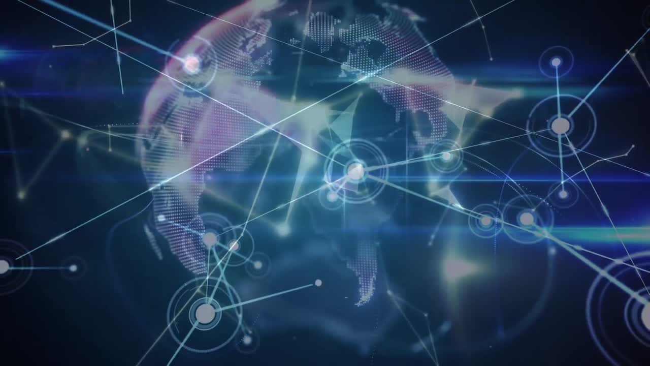 animación de la red de conexiones con iconos y globo sobre fondo azul