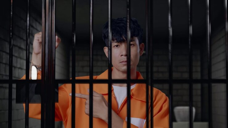 Close Up Of Asian Male Prisoner Standing In Prison, Showing Broken Handcuffs And Pointing To Them