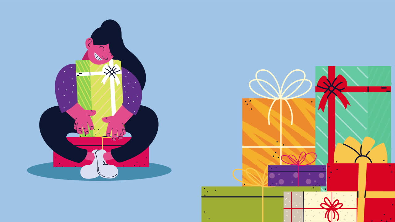 여자가 포옹하는 선물과 선물과 함께 메리 크리스마스 애니메이션