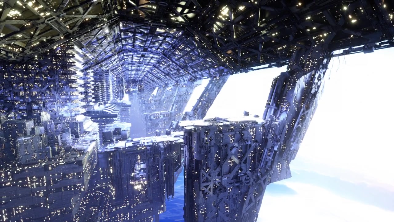 Nightmarish perspective combines clouds with glowing architectural elements